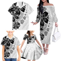 Polynesia Romantic Valentine Family Matching Off The Shoulder Long Sleeve Dress and Hawaiian Shirt Sea Turtle Couple With White Plumeria