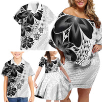 Polynesia Romantic Valentine Family Matching Off Shoulder Short Dress and Hawaiian Shirt Sea Turtle Couple With White Plumeria