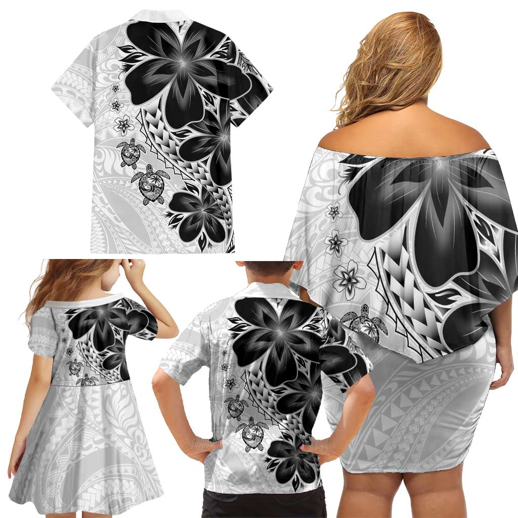 Polynesia Romantic Valentine Family Matching Off Shoulder Short Dress and Hawaiian Shirt Sea Turtle Couple With White Plumeria