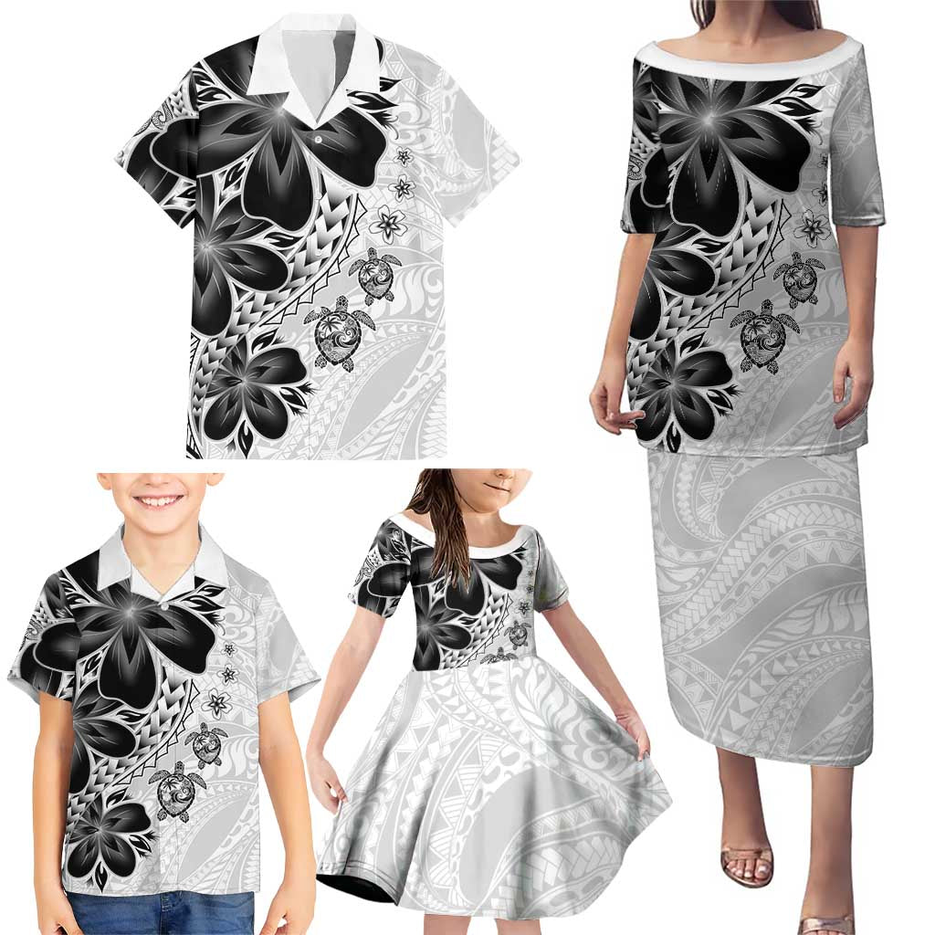Polynesia Romantic Valentine Family Matching Puletasi and Hawaiian Shirt Sea Turtle Couple With White Plumeria