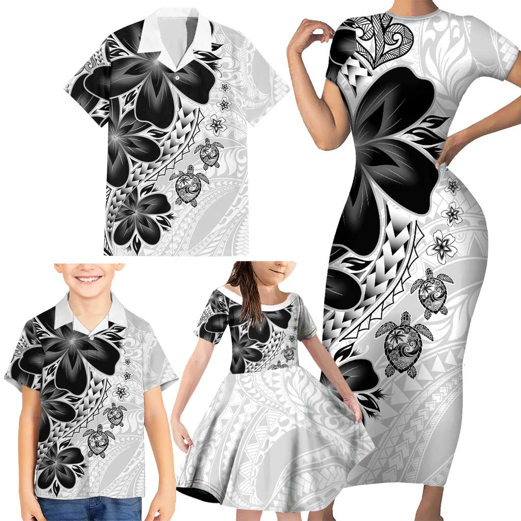 Polynesia Romantic Valentine Family Matching Short Sleeve Bodycon Dress and Hawaiian Shirt Sea Turtle Couple With White Plumeria