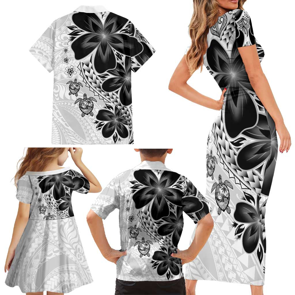 Polynesia Romantic Valentine Family Matching Short Sleeve Bodycon Dress and Hawaiian Shirt Sea Turtle Couple With White Plumeria
