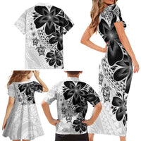 Polynesia Romantic Valentine Family Matching Short Sleeve Bodycon Dress and Hawaiian Shirt Sea Turtle Couple With White Plumeria