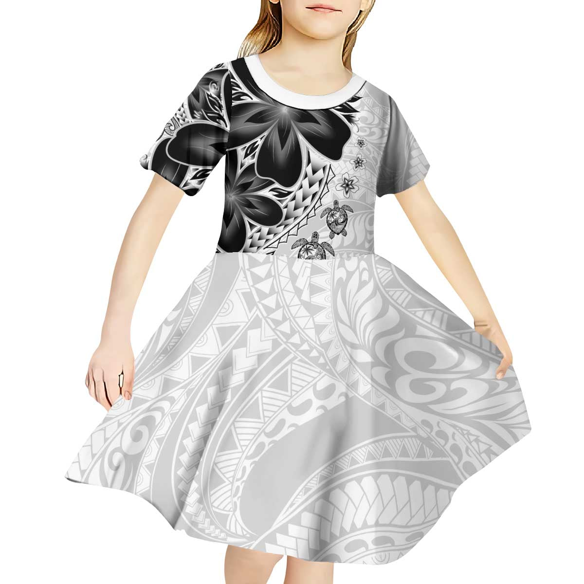 Polynesia Romantic Valentine Kid Short Sleeve Dress Sea Turtle Couple With White Plumeria