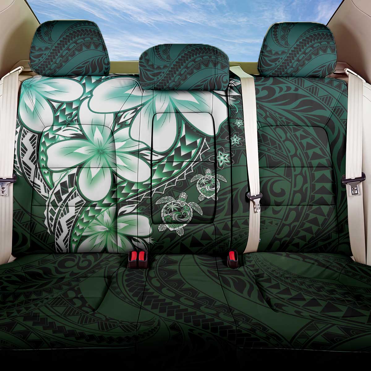 Polynesia Romantic Valentine Back Car Seat Cover Sea Turtle Couple With Aqua Gradient Plumeria