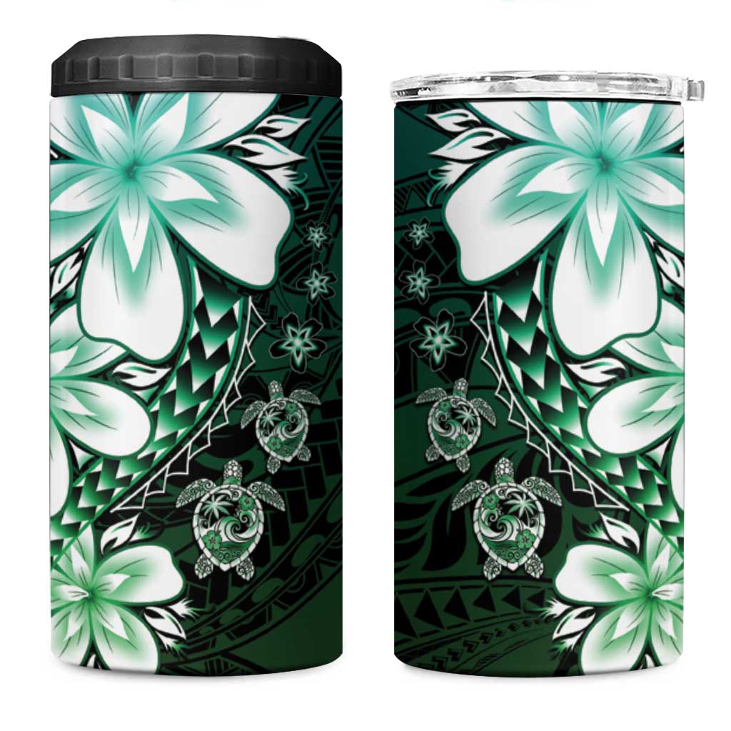 Polynesia Romantic Valentine 4 in 1 Can Cooler Tumbler Sea Turtle Couple With Aqua Gradient Plumeria