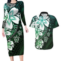 Polynesia Romantic Valentine Couples Matching Long Sleeve Bodycon Dress and Hawaiian Shirt Sea Turtle Couple With Aqua Gradient Plumeria LT05 Aqua - Polynesian Pride
