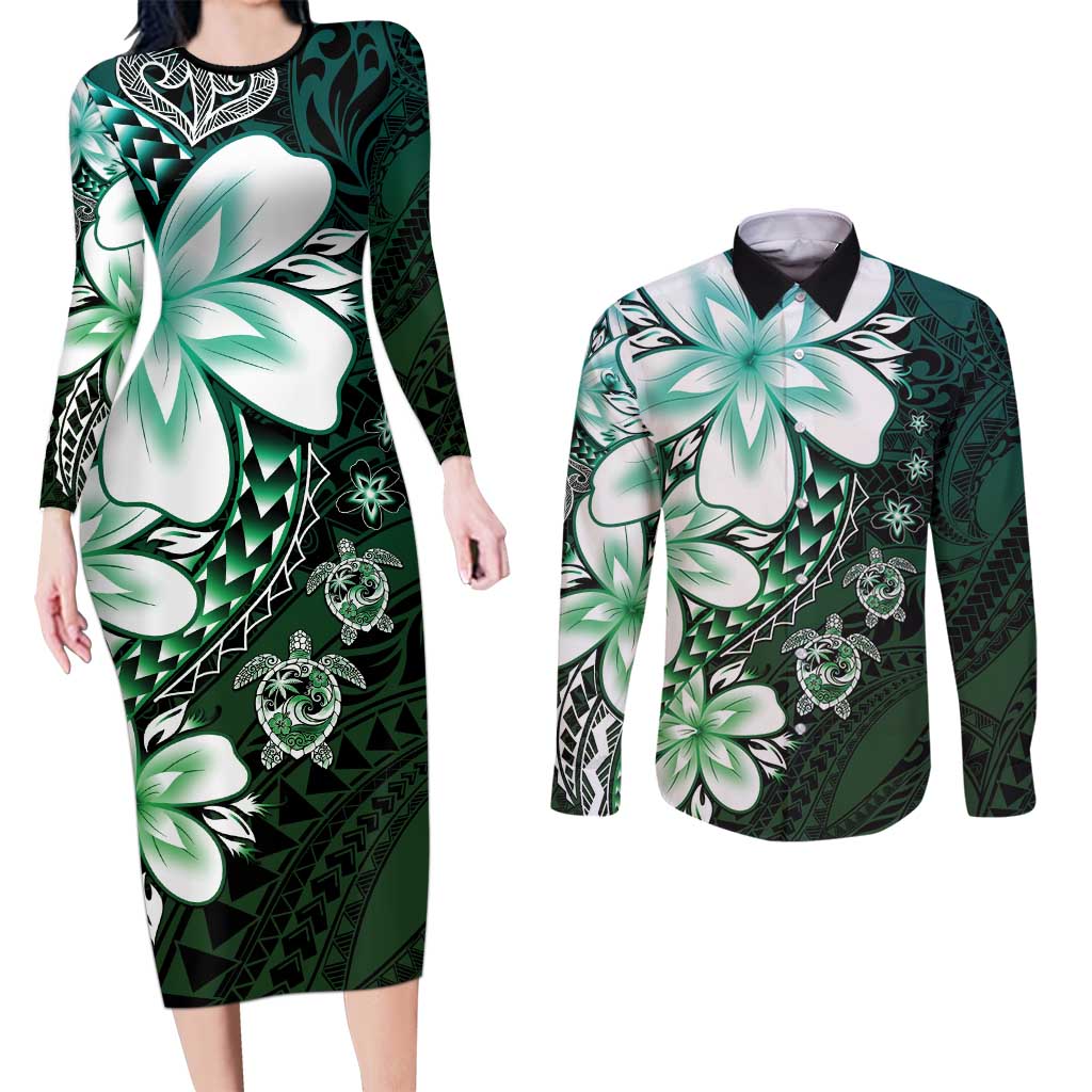 Polynesia Romantic Valentine Couples Matching Long Sleeve Bodycon Dress and Long Sleeve Button Shirt Sea Turtle Couple With Aqua Gradient Plumeria LT05 Aqua - Polynesian Pride