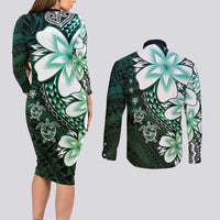 Polynesia Romantic Valentine Couples Matching Long Sleeve Bodycon Dress and Long Sleeve Button Shirt Sea Turtle Couple With Aqua Gradient Plumeria LT05 - Polynesian Pride