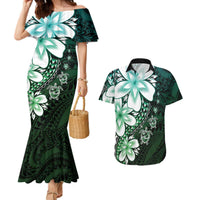 Polynesia Romantic Valentine Couples Matching Mermaid Dress and Hawaiian Shirt Sea Turtle Couple With Aqua Gradient Plumeria LT05 Aqua - Polynesian Pride