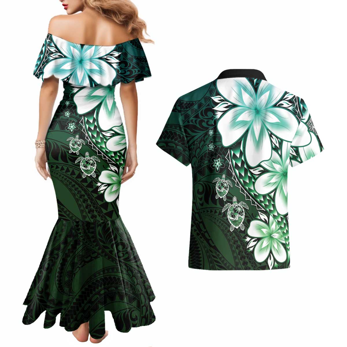 Polynesia Romantic Valentine Couples Matching Mermaid Dress and Hawaiian Shirt Sea Turtle Couple With Aqua Gradient Plumeria LT05 - Polynesian Pride