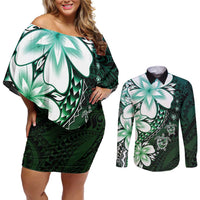 Polynesia Romantic Valentine Couples Matching Off Shoulder Short Dress and Long Sleeve Button Shirt Sea Turtle Couple With Aqua Gradient Plumeria