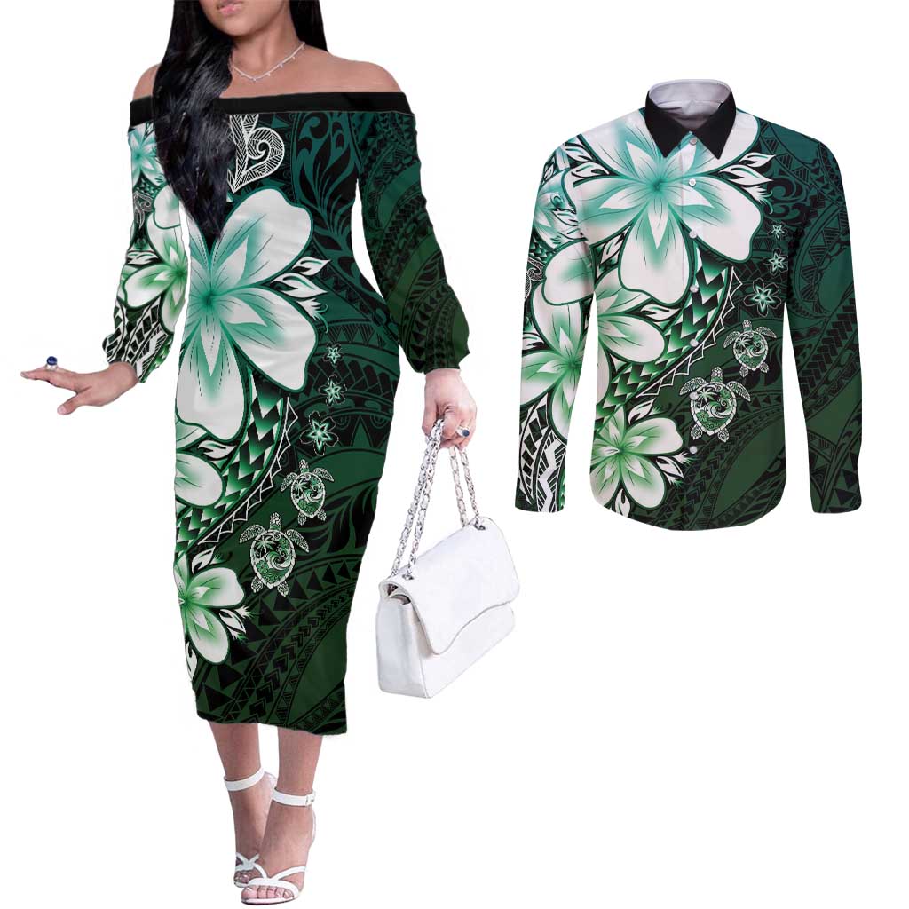 Polynesia Romantic Valentine Couples Matching Off The Shoulder Long Sleeve Dress and Long Sleeve Button Shirt Sea Turtle Couple With Aqua Gradient Plumeria LT05 Aqua - Polynesian Pride