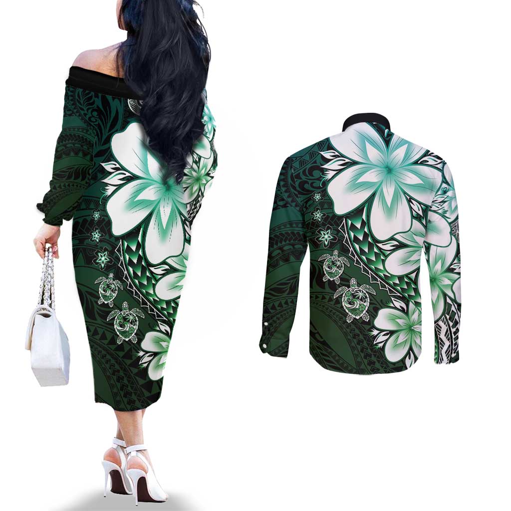 Polynesia Romantic Valentine Couples Matching Off The Shoulder Long Sleeve Dress and Long Sleeve Button Shirt Sea Turtle Couple With Aqua Gradient Plumeria LT05 - Polynesian Pride