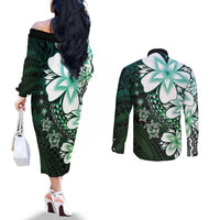 Polynesia Romantic Valentine Couples Matching Off The Shoulder Long Sleeve Dress and Long Sleeve Button Shirt Sea Turtle Couple With Aqua Gradient Plumeria LT05 - Polynesian Pride