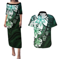 Polynesia Romantic Valentine Couples Matching Puletasi and Hawaiian Shirt Sea Turtle Couple With Aqua Gradient Plumeria LT05 Aqua - Polynesian Pride