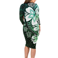Polynesia Romantic Valentine Family Matching Long Sleeve Bodycon Dress and Hawaiian Shirt Sea Turtle Couple With Aqua Gradient Plumeria