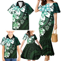 Polynesia Romantic Valentine Family Matching Mermaid Dress and Hawaiian Shirt Sea Turtle Couple With Aqua Gradient Plumeria