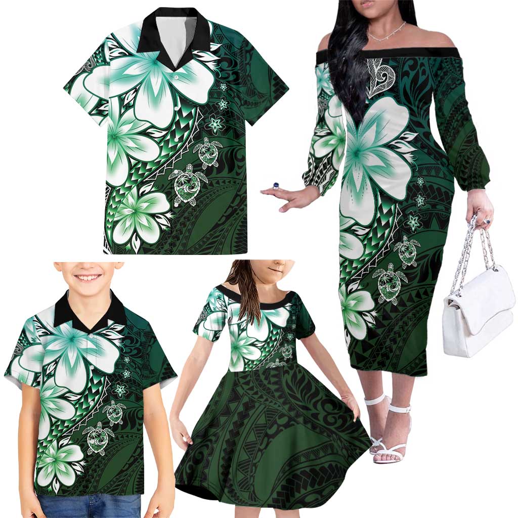 Polynesia Romantic Valentine Family Matching Off The Shoulder Long Sleeve Dress and Hawaiian Shirt Sea Turtle Couple With Aqua Gradient Plumeria