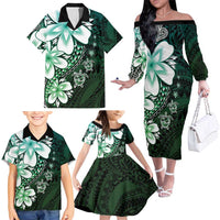 Polynesia Romantic Valentine Family Matching Off The Shoulder Long Sleeve Dress and Hawaiian Shirt Sea Turtle Couple With Aqua Gradient Plumeria