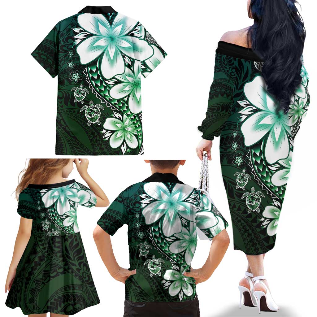 Polynesia Romantic Valentine Family Matching Off The Shoulder Long Sleeve Dress and Hawaiian Shirt Sea Turtle Couple With Aqua Gradient Plumeria