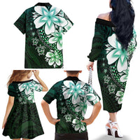 Polynesia Romantic Valentine Family Matching Off The Shoulder Long Sleeve Dress and Hawaiian Shirt Sea Turtle Couple With Aqua Gradient Plumeria