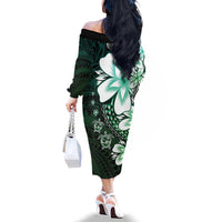 Polynesia Romantic Valentine Family Matching Off The Shoulder Long Sleeve Dress and Hawaiian Shirt Sea Turtle Couple With Aqua Gradient Plumeria
