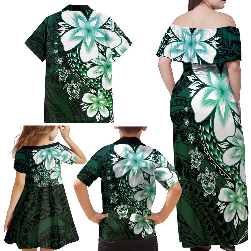 Polynesia Romantic Valentine Family Matching Off Shoulder Maxi Dress and Hawaiian Shirt Sea Turtle Couple With Aqua Gradient Plumeria