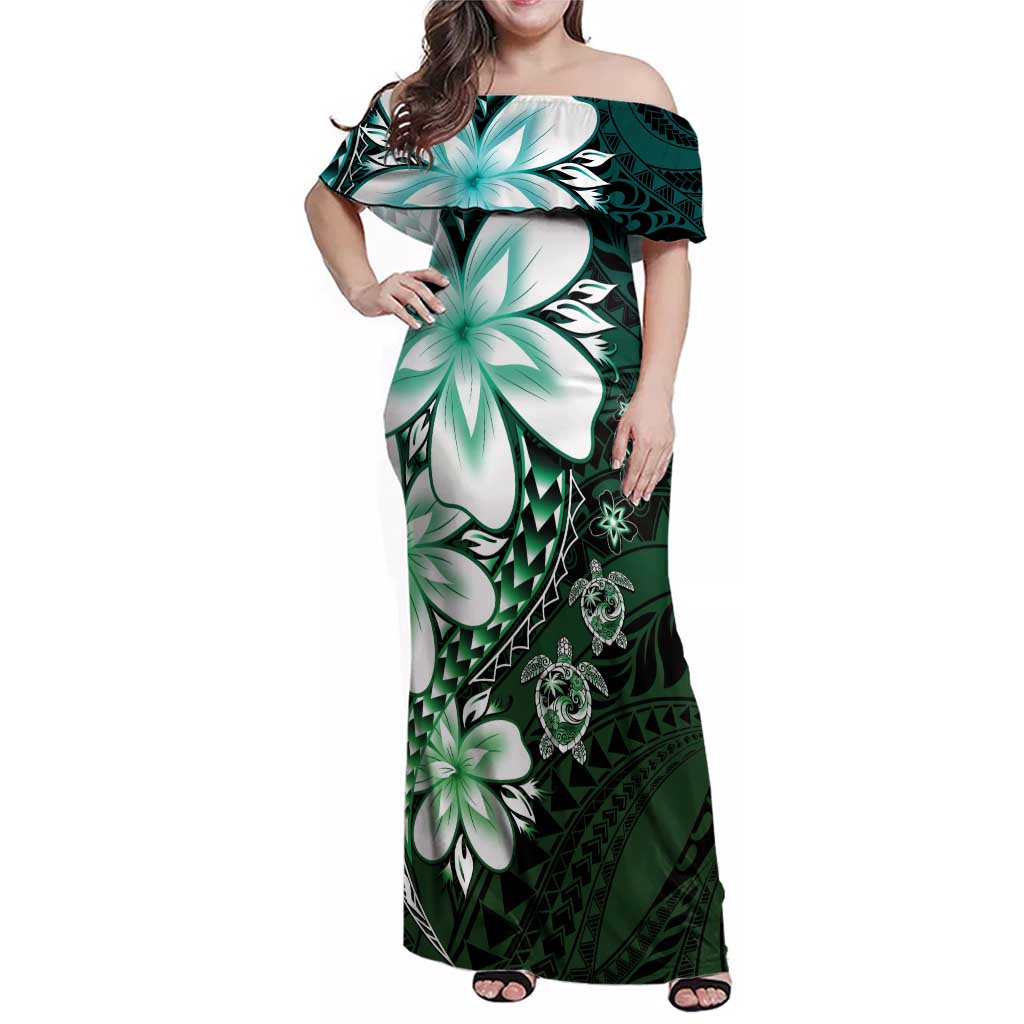 Polynesia Romantic Valentine Family Matching Off Shoulder Maxi Dress and Hawaiian Shirt Sea Turtle Couple With Aqua Gradient Plumeria