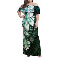 Polynesia Romantic Valentine Family Matching Off Shoulder Maxi Dress and Hawaiian Shirt Sea Turtle Couple With Aqua Gradient Plumeria