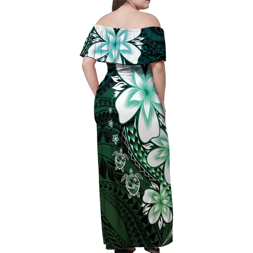 Polynesia Romantic Valentine Family Matching Off Shoulder Maxi Dress and Hawaiian Shirt Sea Turtle Couple With Aqua Gradient Plumeria