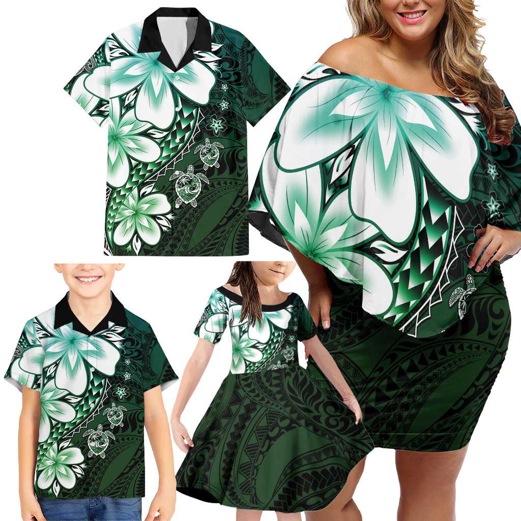 Polynesia Romantic Valentine Family Matching Off Shoulder Short Dress and Hawaiian Shirt Sea Turtle Couple With Aqua Gradient Plumeria
