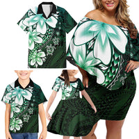 Polynesia Romantic Valentine Family Matching Off Shoulder Short Dress and Hawaiian Shirt Sea Turtle Couple With Aqua Gradient Plumeria