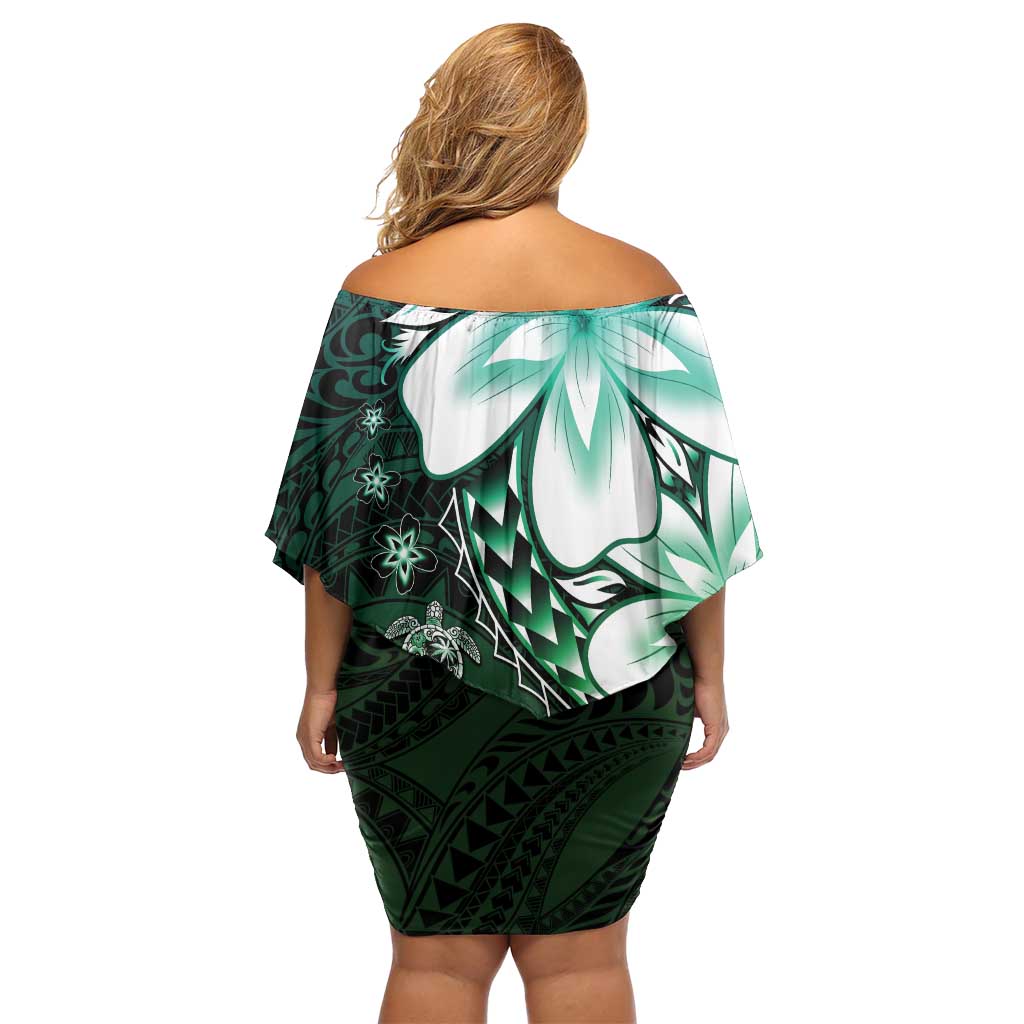 Polynesia Romantic Valentine Family Matching Off Shoulder Short Dress and Hawaiian Shirt Sea Turtle Couple With Aqua Gradient Plumeria