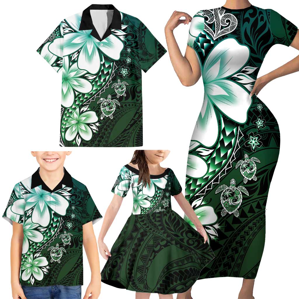 Polynesia Romantic Valentine Family Matching Short Sleeve Bodycon Dress and Hawaiian Shirt Sea Turtle Couple With Aqua Gradient Plumeria
