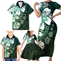 Polynesia Romantic Valentine Family Matching Short Sleeve Bodycon Dress and Hawaiian Shirt Sea Turtle Couple With Aqua Gradient Plumeria