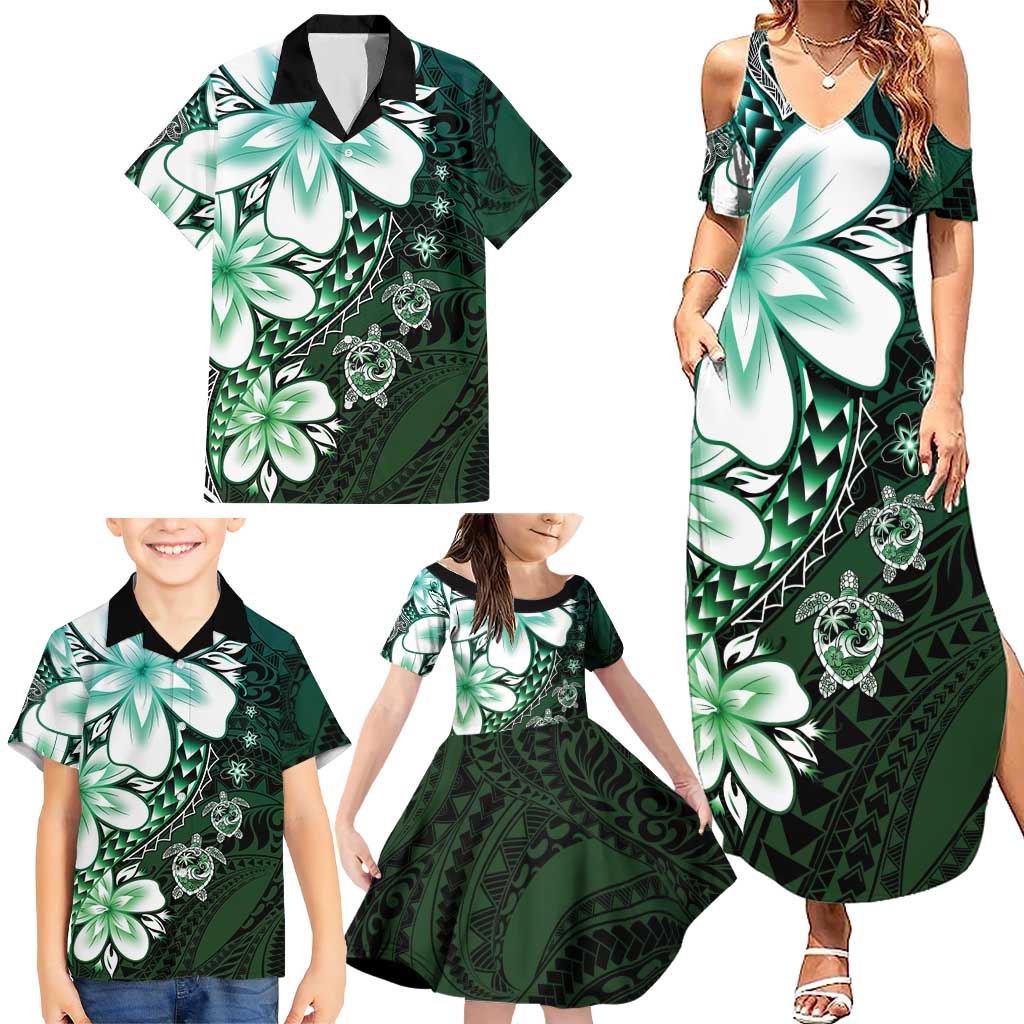 Polynesia Romantic Valentine Family Matching Summer Maxi Dress and Hawaiian Shirt Sea Turtle Couple With Aqua Gradient Plumeria
