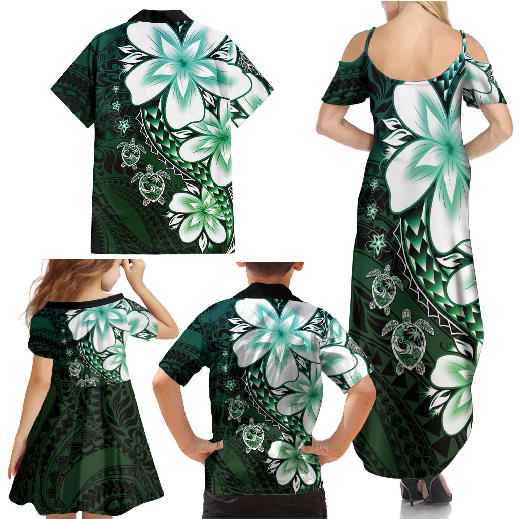Polynesia Romantic Valentine Family Matching Summer Maxi Dress and Hawaiian Shirt Sea Turtle Couple With Aqua Gradient Plumeria