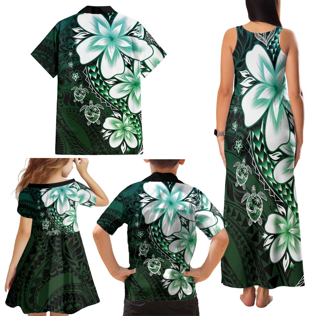 Polynesia Romantic Valentine Family Matching Tank Maxi Dress and Hawaiian Shirt Sea Turtle Couple With Aqua Gradient Plumeria