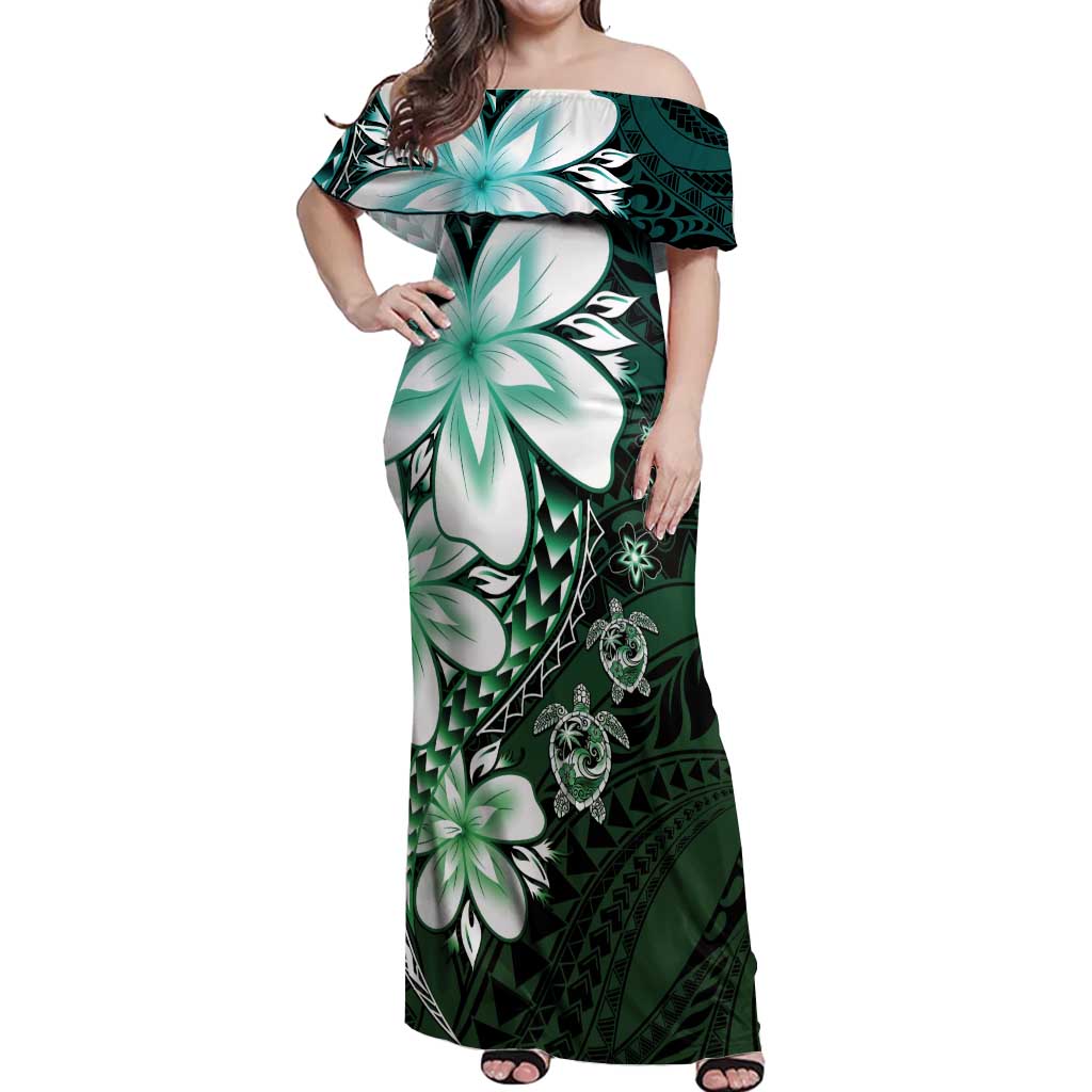 Polynesia Romantic Valentine Off Shoulder Maxi Dress Sea Turtle Couple With Aqua Gradient Plumeria