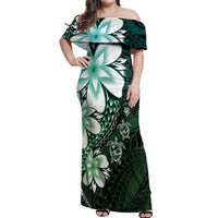 Polynesia Romantic Valentine Off Shoulder Maxi Dress Sea Turtle Couple With Aqua Gradient Plumeria