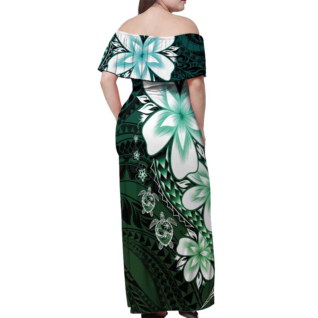 Polynesia Romantic Valentine Off Shoulder Maxi Dress Sea Turtle Couple With Aqua Gradient Plumeria
