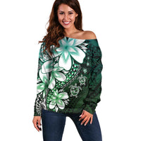 Polynesia Romantic Valentine Off Shoulder Sweater Sea Turtle Couple With Aqua Gradient Plumeria
