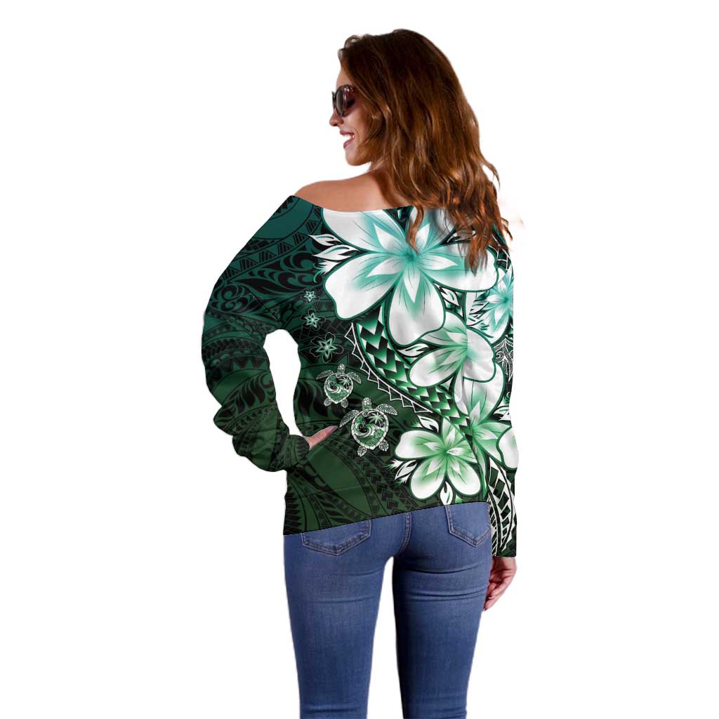 Polynesia Romantic Valentine Off Shoulder Sweater Sea Turtle Couple With Aqua Gradient Plumeria
