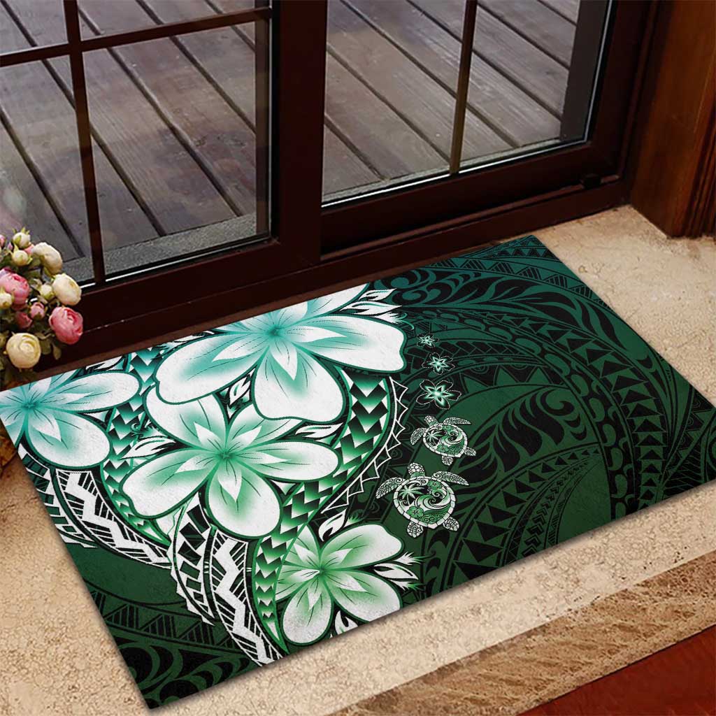 Polynesia Romantic Valentine Rubber Doormat Sea Turtle Couple With Aqua Gradient Plumeria