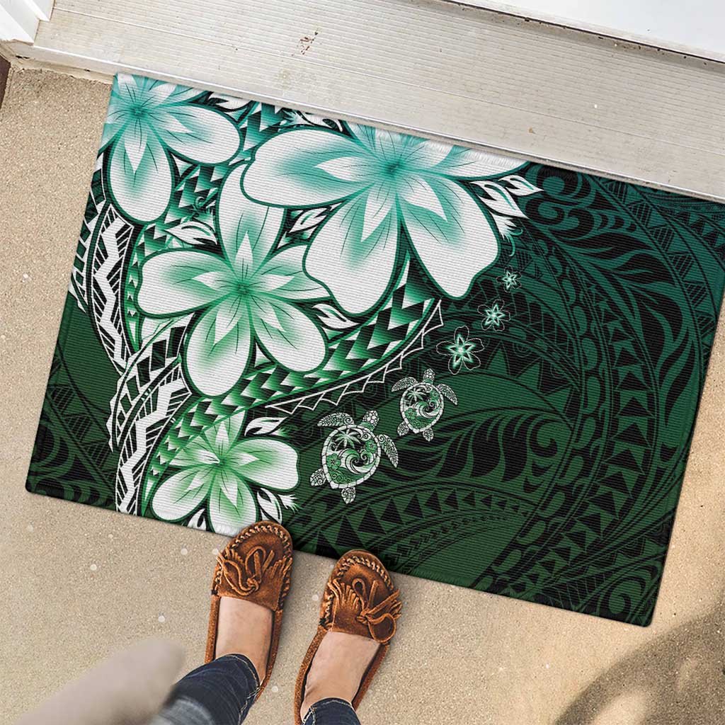 Polynesia Romantic Valentine Rubber Doormat Sea Turtle Couple With Aqua Gradient Plumeria