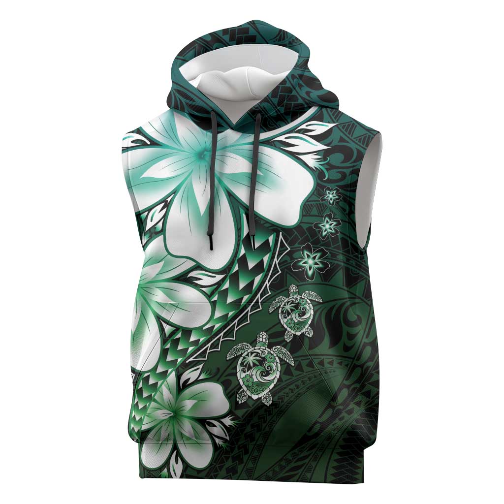 Polynesia Romantic Valentine Sleeveless Hoodie Sea Turtle Couple With Aqua Gradient Plumeria LT05 Aqua - Polynesian Pride