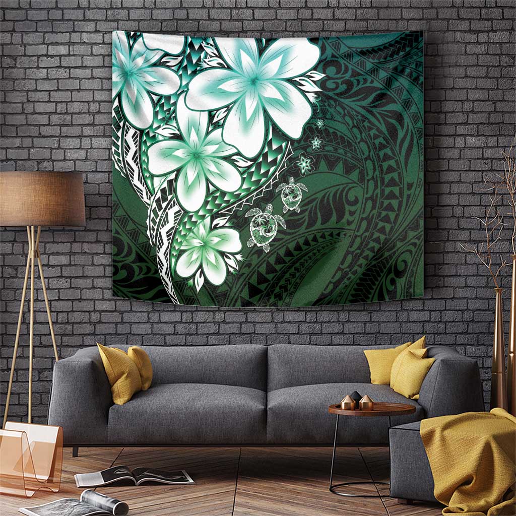 Polynesia Romantic Valentine Tapestry Sea Turtle Couple With Aqua Gradient Plumeria