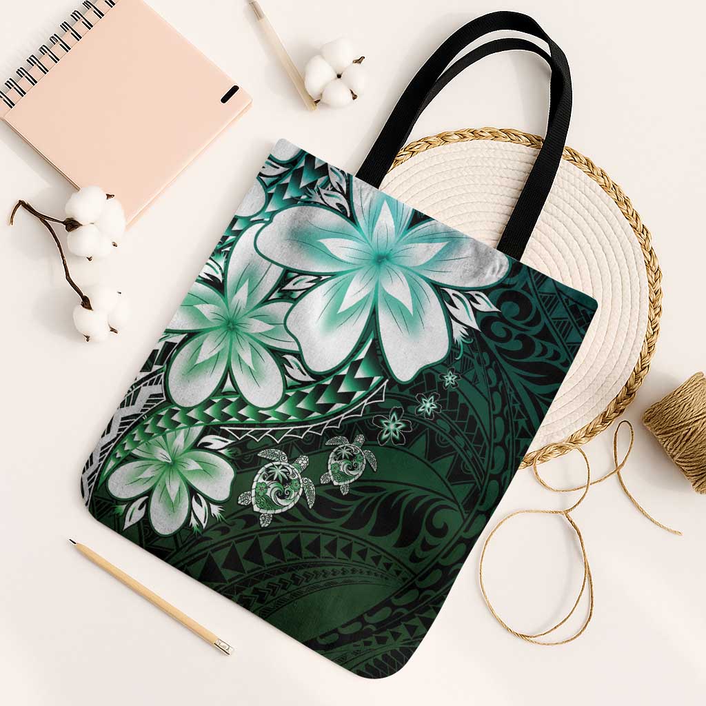 Polynesia Romantic Valentine Tote Bag Sea Turtle Couple With Aqua Gradient Plumeria