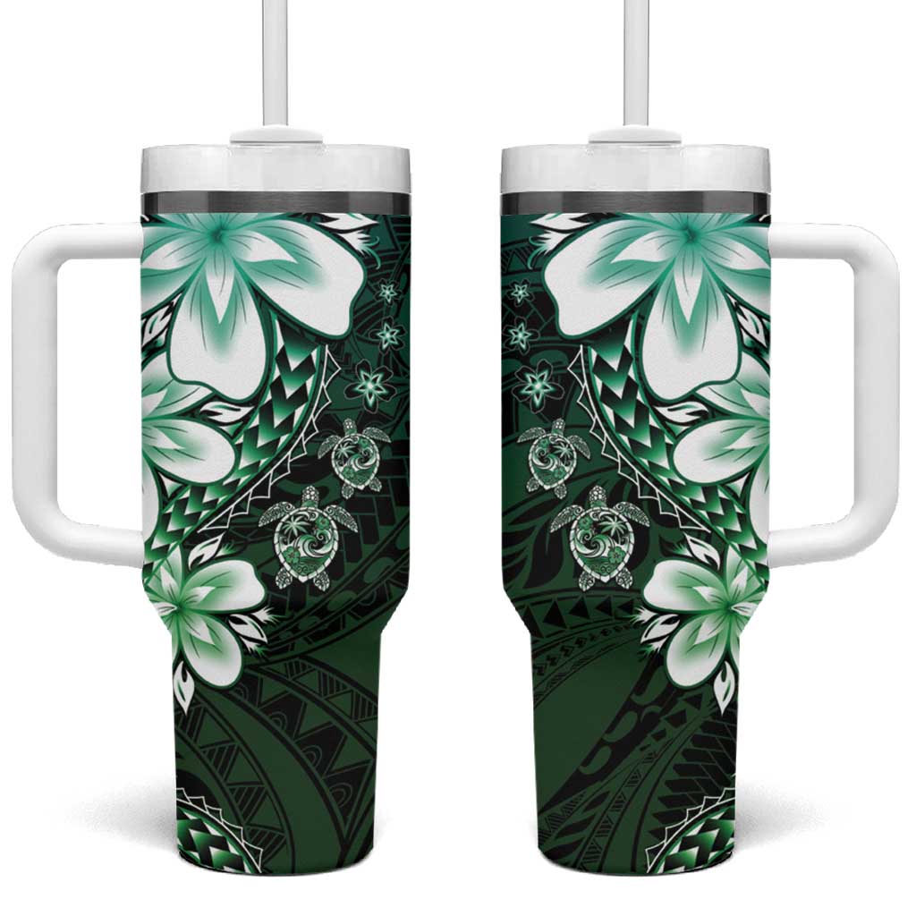 Polynesia Romantic Valentine Tumbler With Handle Sea Turtle Couple With Aqua Gradient Plumeria